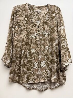 Vintage db established 1962 Boho Print Tunic | Brown & Cream Roll Tab Sleeve XL